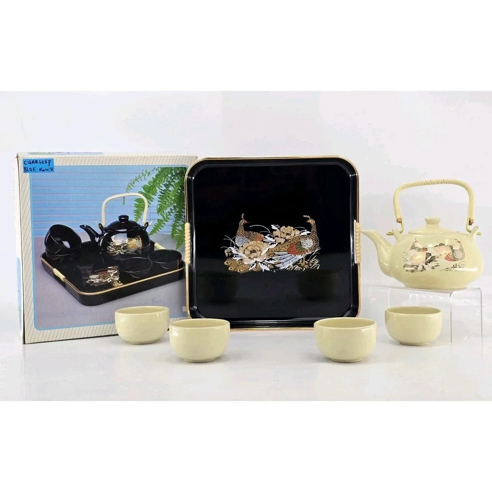 Vintage Keramik Tea Set Teapot + 4 handleless Cups Teaset/Saki, New In Box White